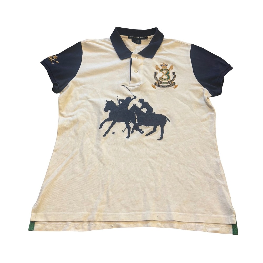 Ralph Lauren Sport Womens L Polo Shirt White Navy Blue Equestrian Crest Cotton
